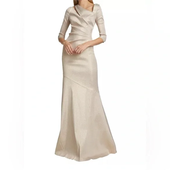 Teri Jon by Rickie Freeman gold metallic gown 3/4 long sleeve formal dress - Picture 1 of 8